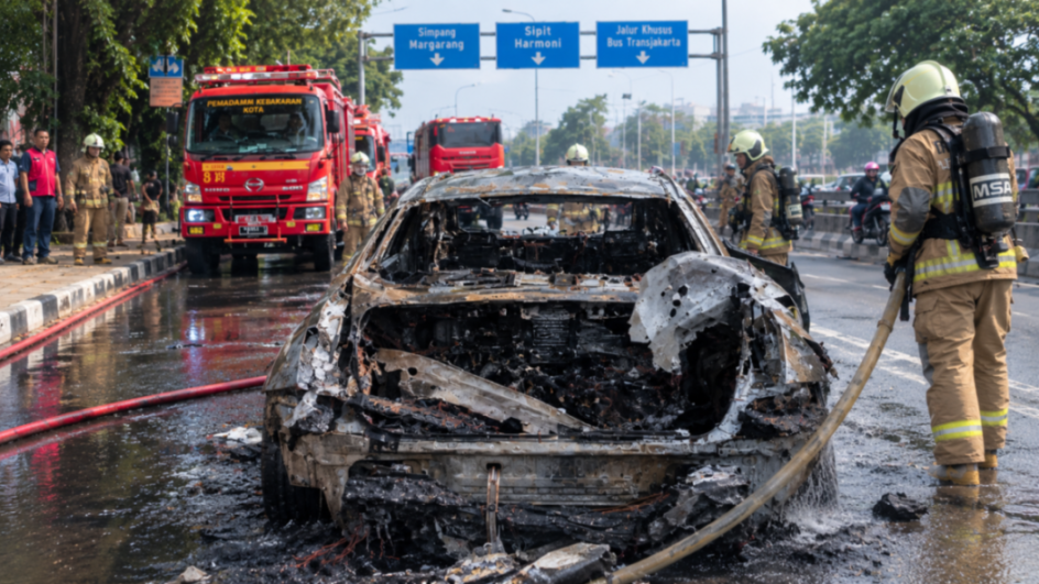 Mobil Listrik Hyundai Ioniq 6 Terbakar Usai Tabrak Separator Busway di Slipi